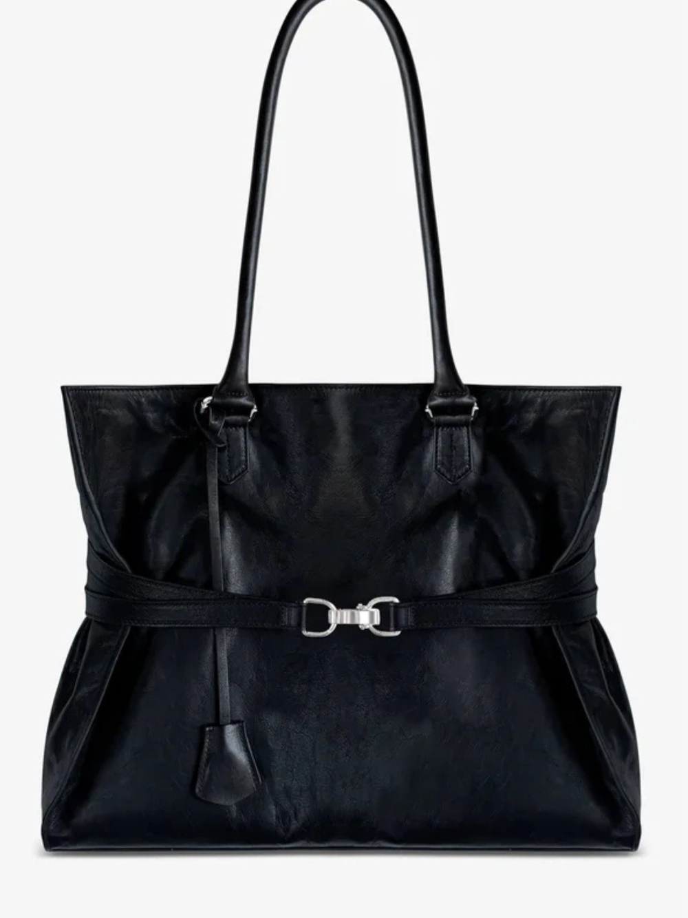 Pearled Ivory Buckle Black Leather Tote Bag with Silver Hardware